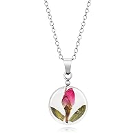 Natural Flower Jewellery Round/Spherical Pendant Made with A Real Single Tiny Rose Bud Set in Resin, with Sterling Silver Fittings and Chain.