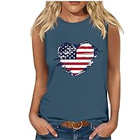 4th of July Casual Tank Tops Women Funny American Flag Love Heart Print Shirts Summer Sleeveless Patriotic T-Shirts