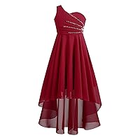 YiZYiF Flower Girl Dresses for Wedding Kids One Shoulder High Low Dress Shiny Ruched A-line Sundress