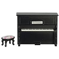 Dollhouse Black Upright Piano & Floral Bench Miniature Music Room Furniture