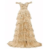 ZHengquan Women's Off The Shoulder Tiered Tulle Prom Dresses Sparkle Sequin Puffy Evening Gowns Long Formal Dress