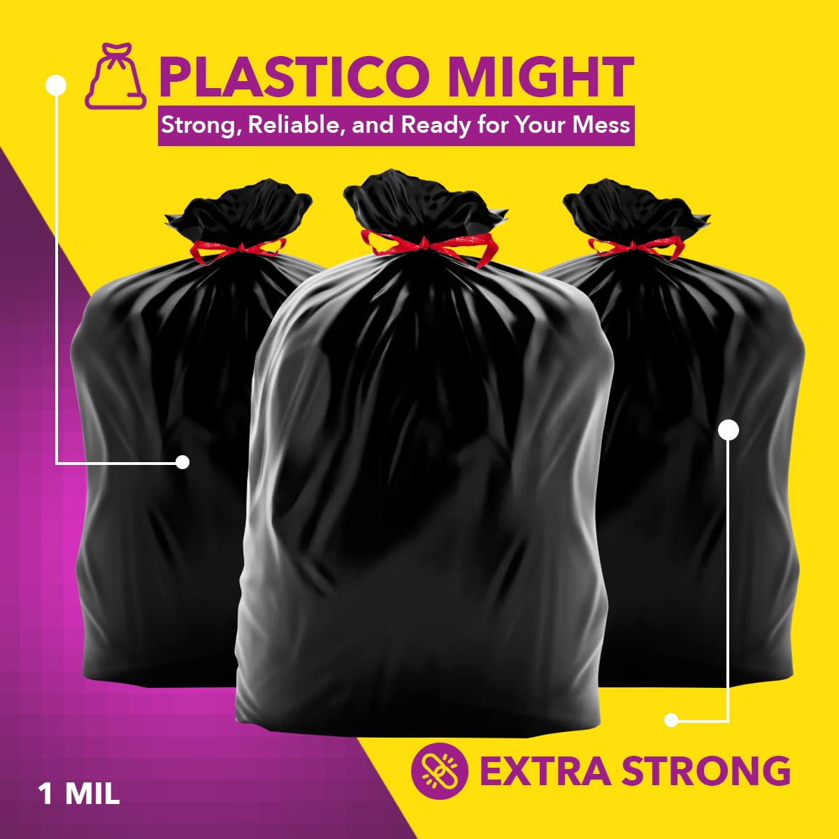 Plastico Tall Kitchen Trash Bags - 13 Gallon, Black, Extra Strong Garbage Bags, Easy Drawstrings - 45 Count, Odor Guard Control, 1 Mil Thick Plastic