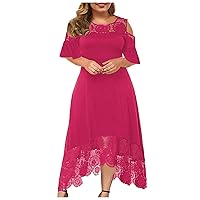 Plus Size Off Shoulder Cocktail Dresses Women Fashion Floral Lace Patchwork Midi Dress Elegant Solid High Low Dress