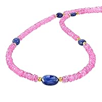 Vatslacreations 47cm Natural Pink Morganite Beaded Necklace with 925er Silver 18’’ Strand Chain - Design Featuring Blue Sapphire Gemstones - Healing Crystal Jewelry Gift
