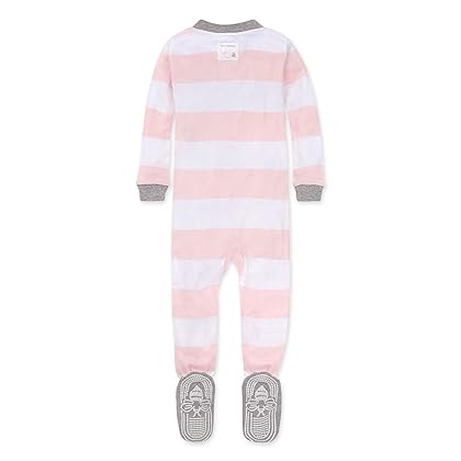 Burt's Bees Baby Baby Girls' Pajamas, Zip Front Non-Slip Footed Sleeper Pjs, 100% Organic Cotton, Blossom Rugby Stripe, 0-3 Months