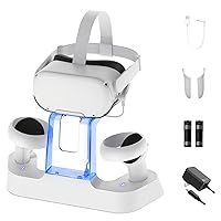 NexiGo Enhanced Charging Dock with LED Light for Oculus/Meta Quest 2, [Support Elite Strap with Battery], Headset Display Stand and Controller Mount, 2 Rechargeable Batteries, White