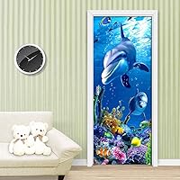 3D Door Stickers for Interior Doors 95x215cm Blue Animal Whale Vinyl Mural Wall Art Sticker Self-Adhesive Decal Removable Wallpaper for Kids Baby Bedrooms Living Room Home Decor