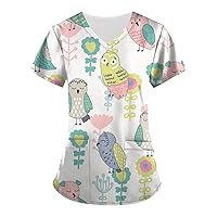 Women's Plus Size Scrub Tops Floral Printed Turtle Neck Short Sleeve Tank Top Oversize Flannel Shirts for Women