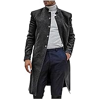 Mens Longline Trench Coats Winter Overcoat Fashion Single-Breasted Cardigan Stand Collar Woolen Jackets with Pocket