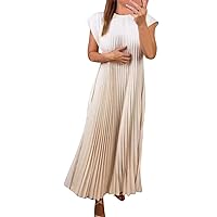 Cap Sleeve Pleated Kaftan Dress for Women Casual Loose Fit Crewneck Long T-Shirt Dress Zipped Back Flowy Maxi Dress