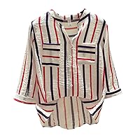 XJYIOEWT Blouses for Women Fashion 2024 Dressy Satin Button Striped Top Half Sleeve Loose V-Neck Fashion Shirts Ladies