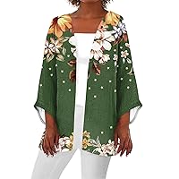 Cardigan Sweaters for Women Trendy Kimono Cardigans for Women 2024 Summer Floral Print Draped Open Front with Long Puff Sleeve Cruise Outfits Army Green Small