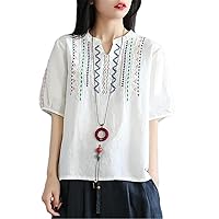 Women Shirt Chinese Embroidery Short Sleeve Cheongsam Shirt Loose Hanfu