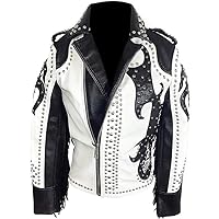LP-FACON Women's Fringe Biker Punk Rock Studded Jacket -Motorcycle White & Black Spikes Western Tribal Leather Jacket