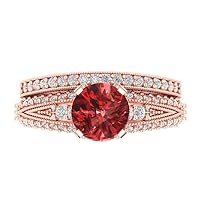 Clara Pucci 2.10ct Round cut Custom Engraving Pave Natural Dark Red Garnet Engagement Ring Band Wedding Bridal Set 14k Rose Gold Size 10