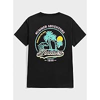 Mens T-Shirt Men Coconut Tree & Letter Graphic Tee Casual T-Shirt (Color : Black, Size : Large)