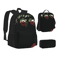 Red Rose Flower Backpack, Laptop Backpack With Lunch Bag And Storage Box 3 Piece Set, 15 Inch Large Backpack