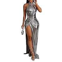 Women's Halter Rhinestone Sexy Metallic Shiny High Split Bodycon Floor-Length Cocktail Prom Party Dress