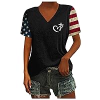 Women's Casual V-Neck Top Patriotic Independence Day Short-Sleeved Printed Striped T-Shirt Summer Casual Loose T-Shirt