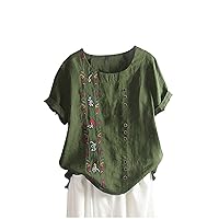 Summer Flower Embroidery Shirts Women Cotton Linen Button Trim Tee Tops Casual Fitted Short Sleeve Crewneck Blouses