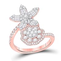 The Diamond Deal 14kt Rose Gold Womens Baguette Diamond Bypass Flower Cocktail Ring 1-1/3 Cttw