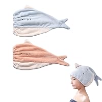 2Pack Cute Microfiber Hair Towel Wrap for Girls,Blue&Pink Fish Hair Towel Cap Quick Drying Bath Hair Hat, Soft Hair Turban Towel Absorbent Hair Drying Towel for Kid
