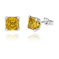 Sterling Silver Princess Cut 0.80ct / 1.52ct / 2.06ct Yellow Sapphire Stud Earrings (925)