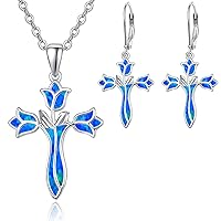 Dreamboat Blue Opal Cross Necklace and Cross Earrings Rose Blue Flower Necklace Faith Necklace for Women Sterling Silver Hypoallergenic Dangle Earrings October Birthstone Christian Gifts For Mom
