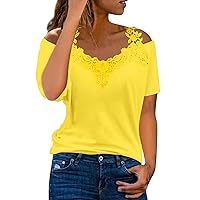 Shirts for Women, Summer Outfits 2024 Trendy Lace Womens Plus Size T Tops Casual Cold Shoulder Shirt, XS, 5XL
