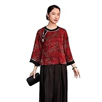 Women Retro Crewneck Chinese Hanfu Element 3/4 Sleeve Loose Silk Fragrant Cloud Yarn Print Dress 34