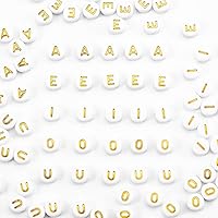 500Pcs Acrylic Round Letter Beads Alphabet Gold Vowel Letters A E I O U White Beads for Jewelry Making Bracelets Necklaces Key Chains DIY 4X7mm