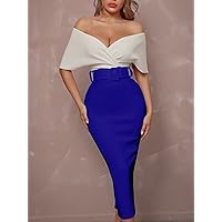 2022 Women's Dresses Surplice Neck Off Shoulder Backless Front Buckle Belted Cocktail Party Dress Women's Dresses (Color : Blue and White, Size : Large)