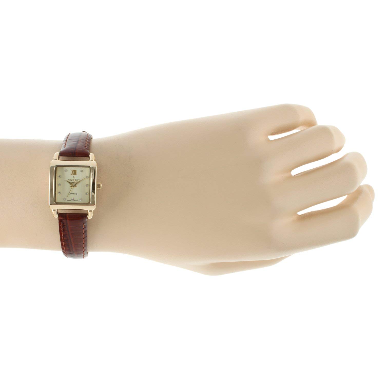 Peugeot Women's Small Square Case Crystal Marker Genuine Leather Strap Watch