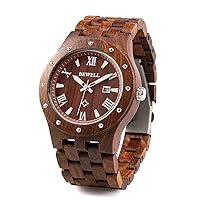BEWELL Men's Natural Wooden Watch Retro Quartz Analogue Watch with Multi Functions Calendar Display and Luminous Hands Wooden Bracelet