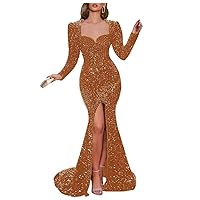 Long Sleeves Prom Dress with Front Slit Sparkly Sequin Formal Gown Mermaid Bodycon Evening Dress PM82