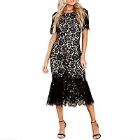 Women's Elegant Floral Lace Dress, Retro Round Neck Cocktail Wedding Party Bodycon Backless Short Sleeve Lace Dresses