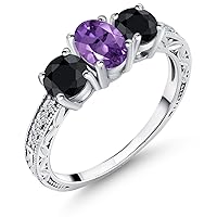 Gem Stone King 2.25 Ct Oval Purple Amethyst Black Sapphire 925 Sterling Silver Ring