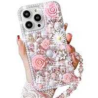 for iPhone 15 Pro Max Glitter Bling Case, Cute Luxury 3D Crystal Rhinestone Diamond Sparkle Shiny Gems Flower Pearl with Lanyard Wrist Strap Women Girls Case for iPhone 15 Pro Max 6.7