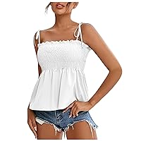 Todays Deals In Clearance Spaghetti Strap Tank Tops Women Sexy Casual Camisole Smocked Ruffle Hem Cami Shirt Summer Going Out Top Blouses Womens Loose Fitting Tops