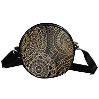 Mandala Movement In Golden Lines Circle Shoulder Bags Cell Phone Pouch Crossbody Purse Round Wallet Clutch Bag For Women With Adjustable Strap