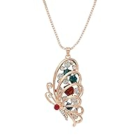 Sexy Sparkles Box Chain Pendant Necklace Rose Butterfly with Rhinestones with Extension Chain 28 Inch Long