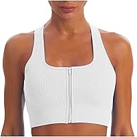 Women's Zip Front Closure Sports Bra Ribbed Knit Seamless Wirefree Post Surgery Zipper Racerback Workout Gym Yoga Bras