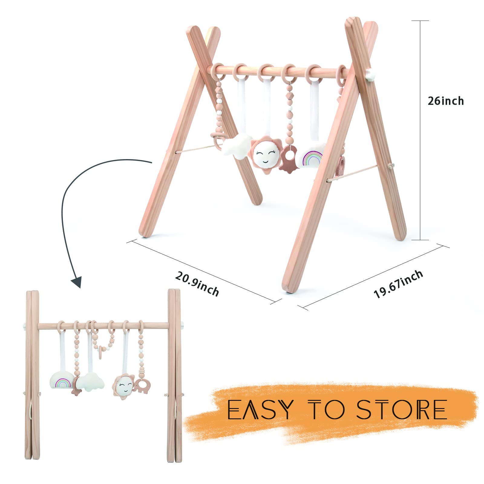 Wooden Baby Play Gym, WOOD CITY Foldable Baby Gym with 6 Hanging Sensory Toys for Infants Activity, Newborn Gifts for Baby Girl and Boy (Natural Wood)