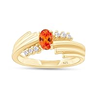AFFY 6X4MM Oval Shape Simulated Birthstone and Round Natural Diamond Engagement Ring In 14K Yellow Gold Over 925 Sterling Silver