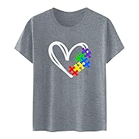 Puzzle Love Graphic Shirts Womens 2024 Autism Awareness Tops Short Sleeve Crewneck Autism Support Tee Blouses