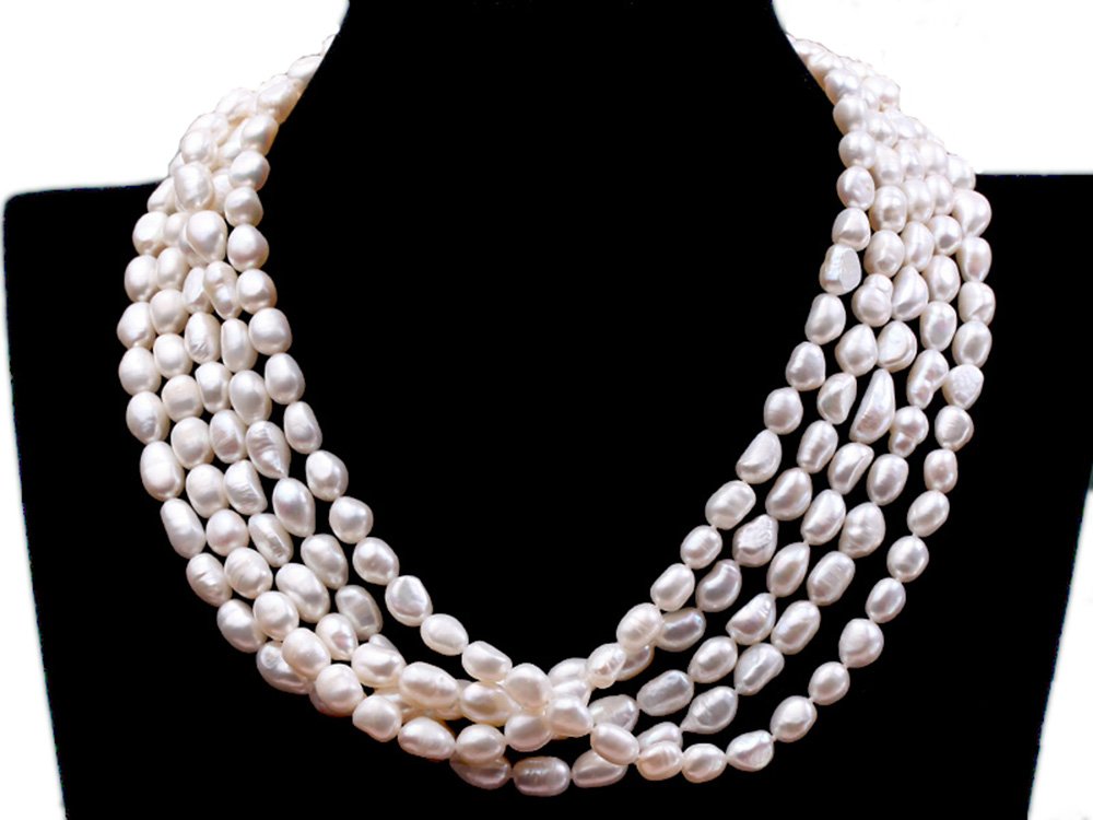 JYX Pearl Multi Strand Necklace Five Strand 7.5-11mm Oval White Freshwater Cultured Pearl Necklace Strand 20