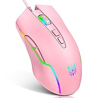 Wired Gaming Mouse Pink, USB Optical Corded Mice with RGB Backlight, 6 Adjustable DPI Up to 6400, Ergonomic Computer Mouse with 7 Buttons for PC, Computer, Laptop, Chromebook, Notebook, Mac
