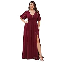 Ever-Pretty Plus Womens V-Neck Puffy Sleeves Ruched Bust A-Line Slit Maxi Plus Size Formal Evening Dress 01385-DA