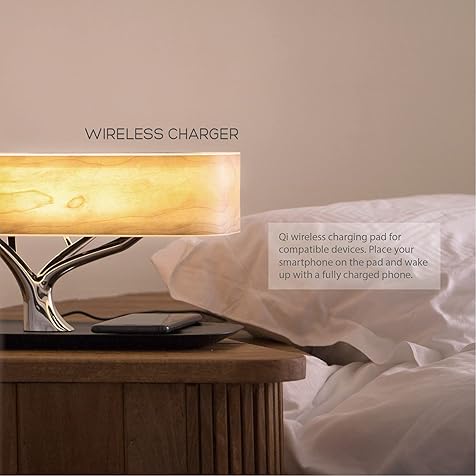 Bonsai Modern LED Bedside Smart Table Lamp with Built-in TWS Bluetooth Speaker and Qi Wireless Charger for Home and Office, Stepless Dimming with Sleep Mode (Tree of Light)