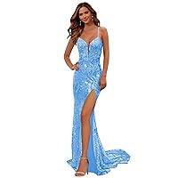 Light Blue Mermaid Prom Dresses Long for Women Spaghetti Straps V-Neck Sequin Ball Gowns with Slit Size 2